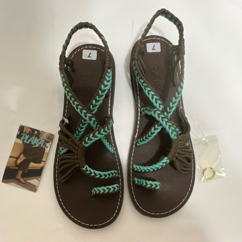 New Plaka Women Strappy Braided Casual Sandals  Brown Turquoise Size 7